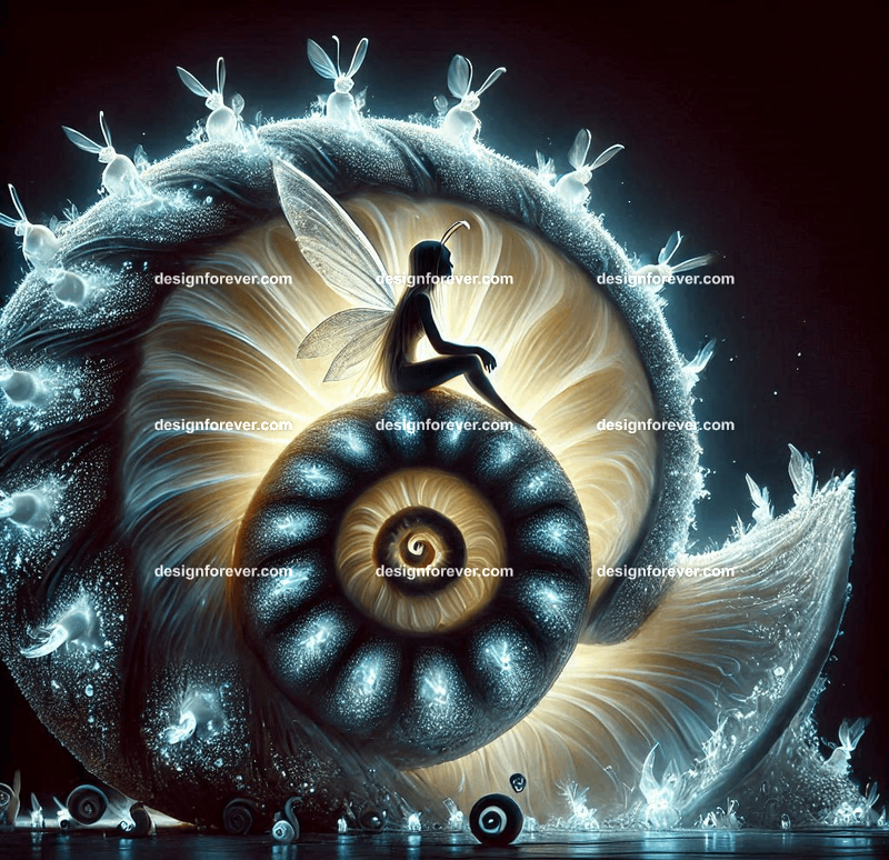 A community of fairies living inside a giant, spiraling snail shell, its surface glowing with bioluminescent patterns