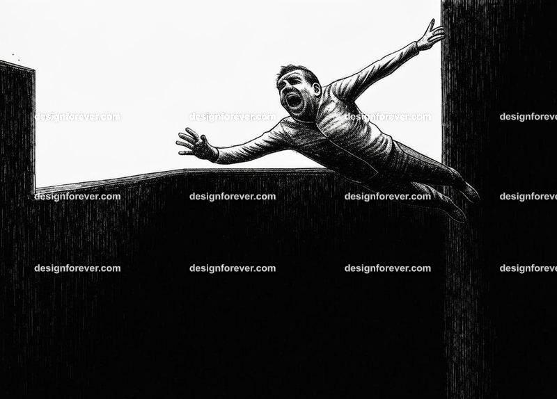 man in state of falling into a endless well screaming with fright