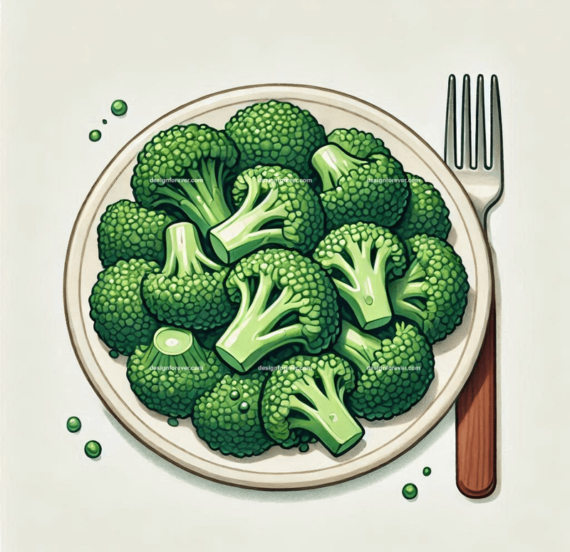 cooked broccoli on plate in style of whimsical children's book