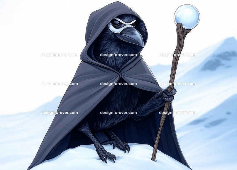 Mysterious raven in a dark hooded cloak