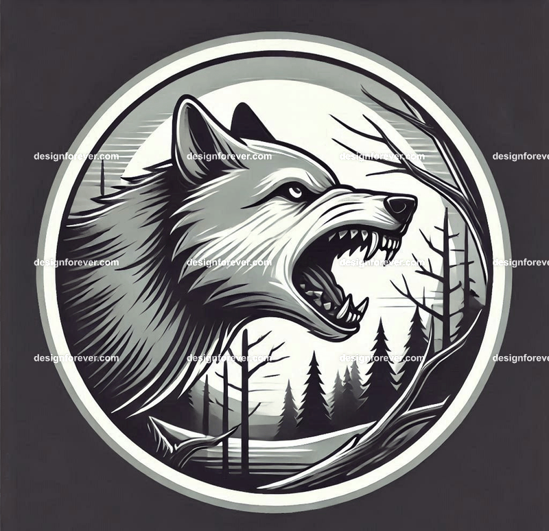 round frame depicting A wolf baring its teeth in a creepy forest with dead trees
