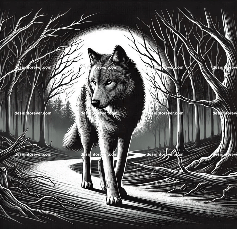 a wolf walking on a windy path in creepy dark woods with dead trees