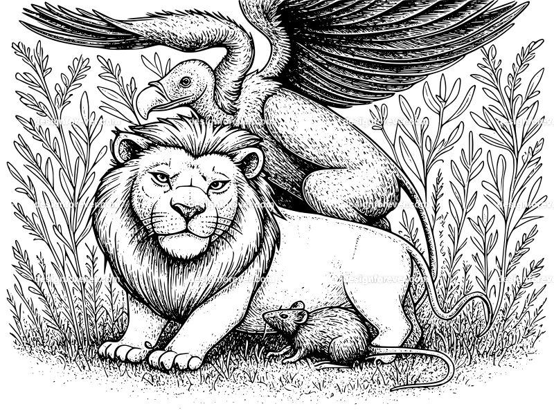 lion defending rat against vulture