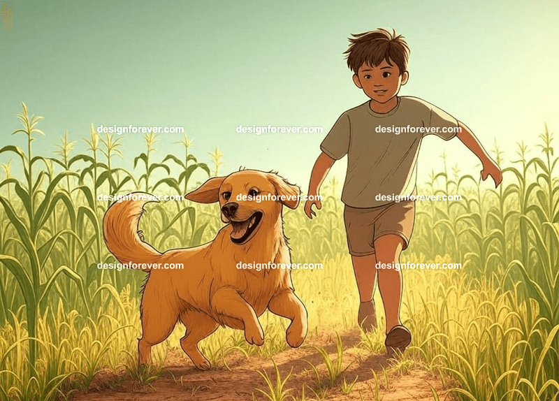 young teen chasing family dog around fields of corn in rural america