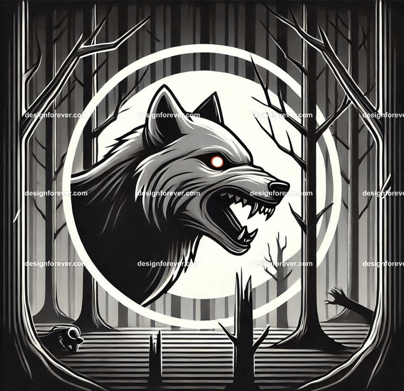 A wolf baring its teeth in a creepy forest with dead trees, barely visible except for its bright eye masked within perfect circle