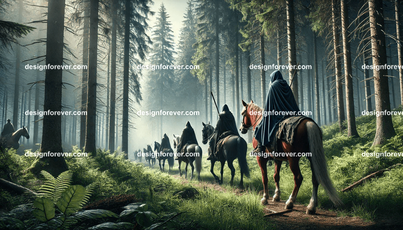 The heroes from wheel of time on horses traveling through forest