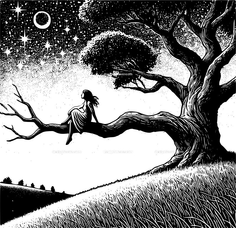 young woman on a big branch staring at stars lying on grassy hill at night next to old oak tree