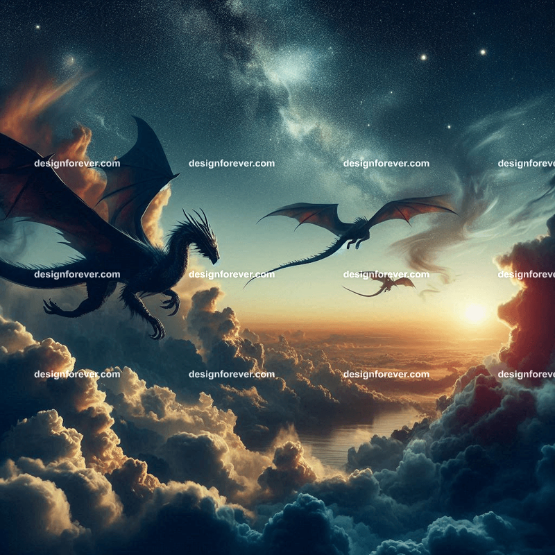 The flight of the dragons above majestic clouds and twilight sky stars
