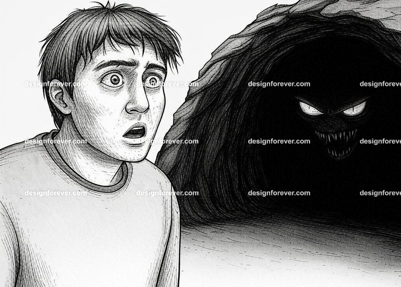 /imagine ink pen drawing of man looking into dark cave and seeing pair of scary monster eyes staring back at him