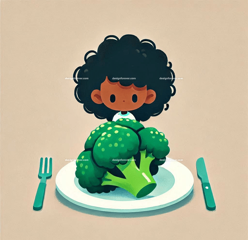 cooked broccoli on plate in style of whimsical children's book