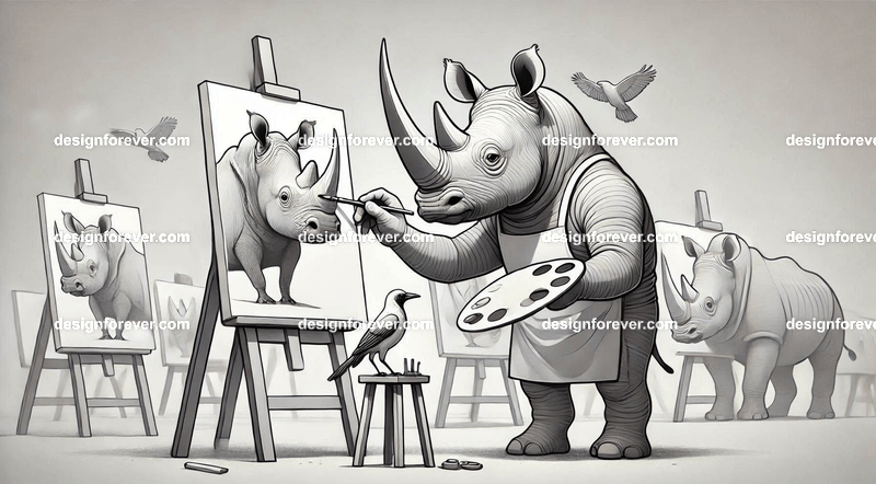 Anthropomorphs rhinos painting portraits of birds