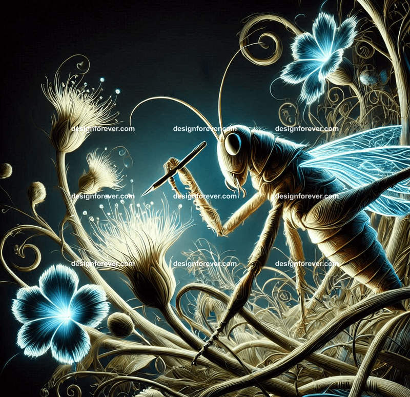 A grasshopper designing intricate, glowing structures made of vines and flowers for woodland creatures
