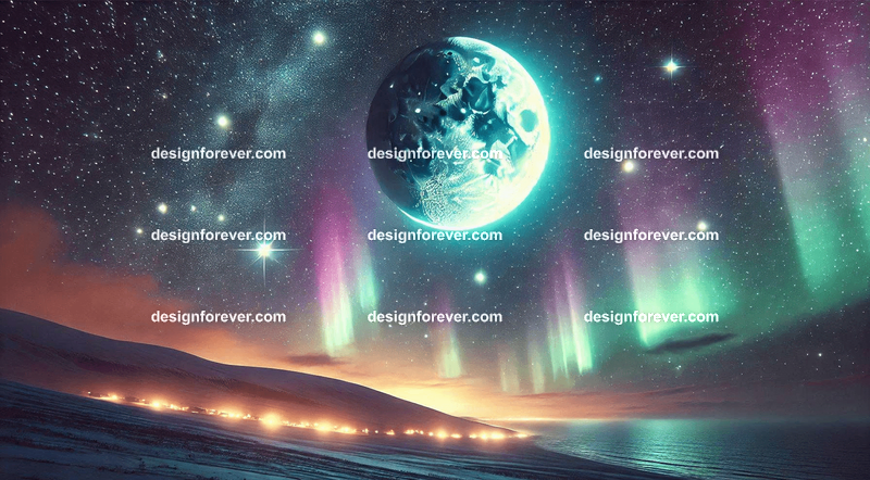 A celestial nightscape with a glowing crescent moon, twinkling stars, and soft auroras