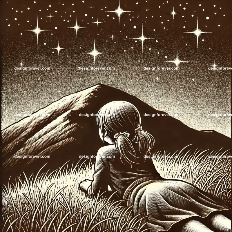 girl lying on hillside grass next to cat staring at stars