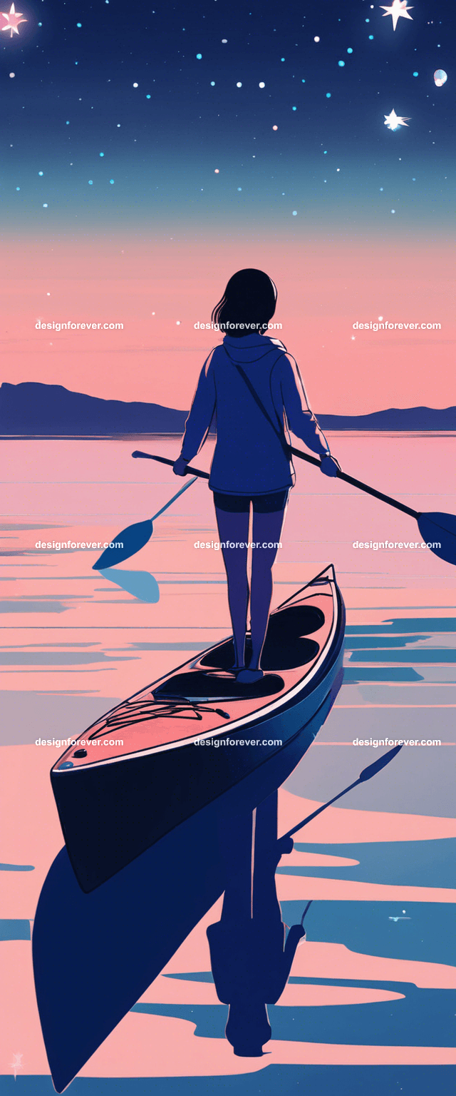 young woman on kayak on calm lake deep dark blue evening sky with stars