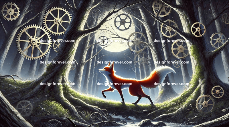 A fox navigating a forest where the trees have clockwork mechanisms, with gears glowing faintly in the moonlight