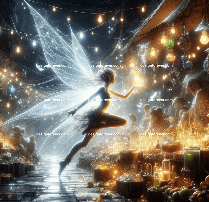 A bustling marketplace of fairies trading glowing potions, enchanted trinkets, and magical fruits under string lights