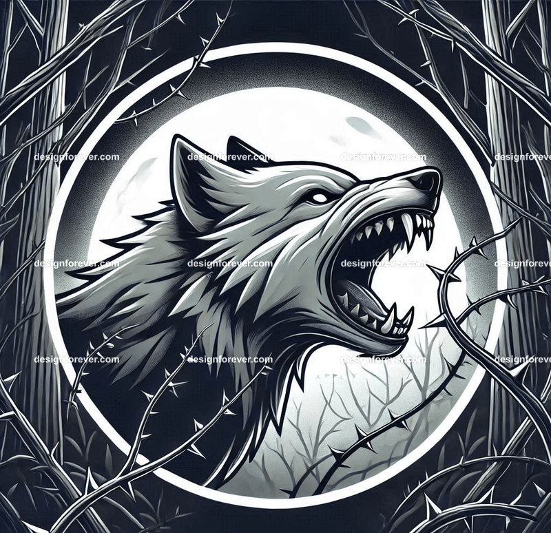 A wolf baring its teeth surrounded by thorn bush in creepy forest