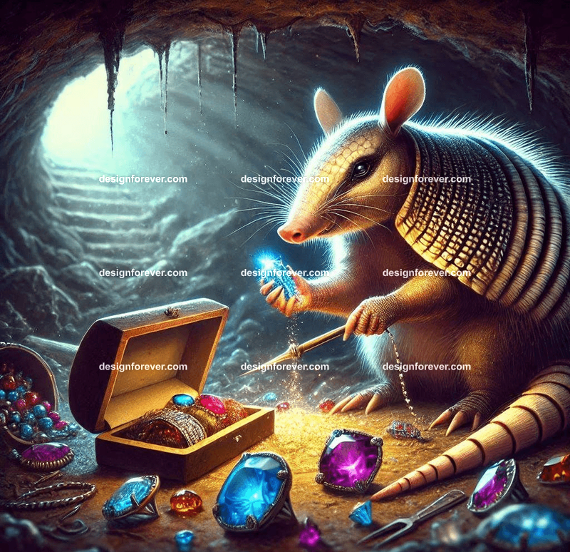 An armadillo meticulously crafting glowing gemstone jewelry in a cozy underground burrow