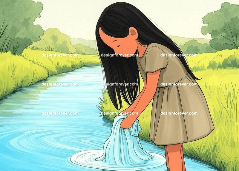 girl washing clothes in countryside