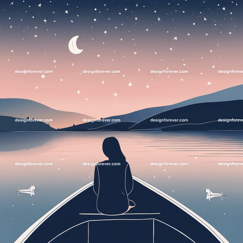 young woman on kayak on calm lake deep dark blue evening sky with stars
