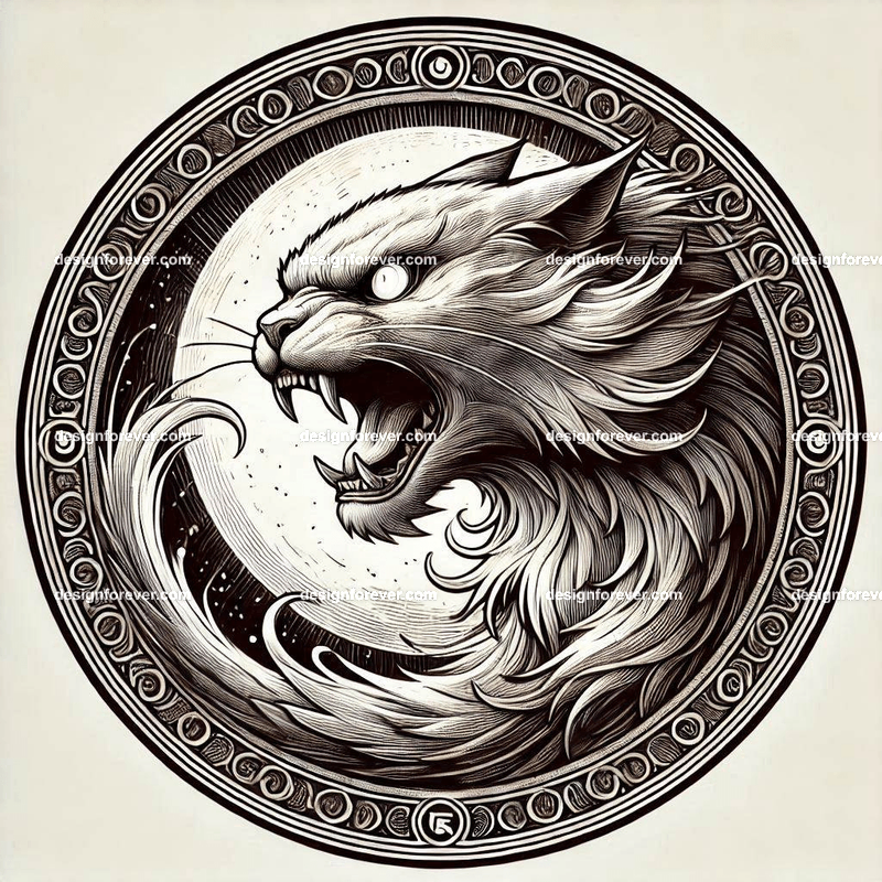 the fury of the cat within a circular seal in pure white background