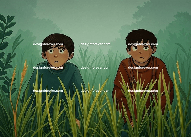 2 teens peering through stalks of grass in forest hunted by poachers