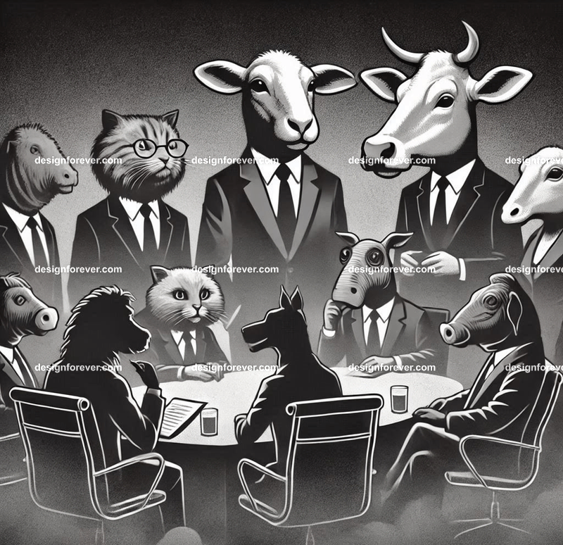 Anthropomorphs animal farm animals as senators in congressmen in dark smoky room insider trading with businessmen