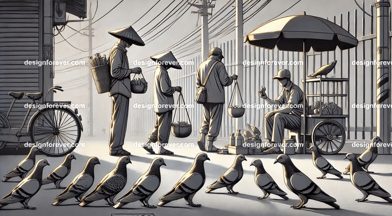Anthropomorphs pigeons as street vendors