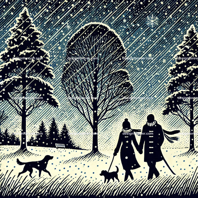 couple walking with a dog in winter