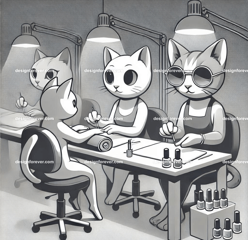Anthropomorphs cats doing nails in nail salon for people