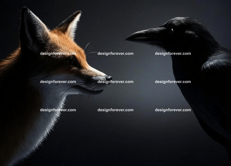 fox having a conversation with a crow trying to trick it