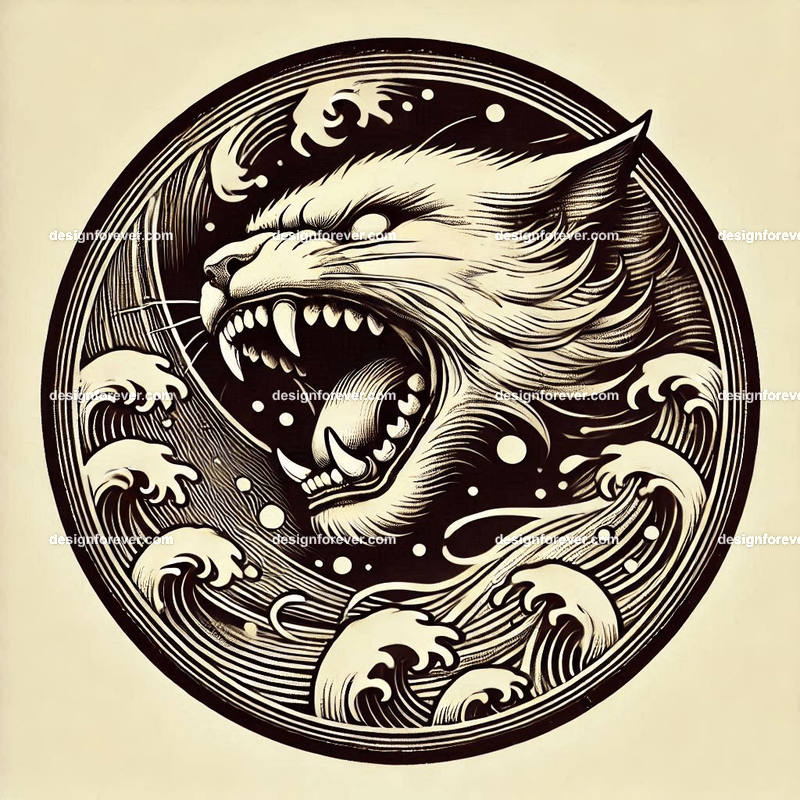 the fury of the cat within a circular seal in pure white background