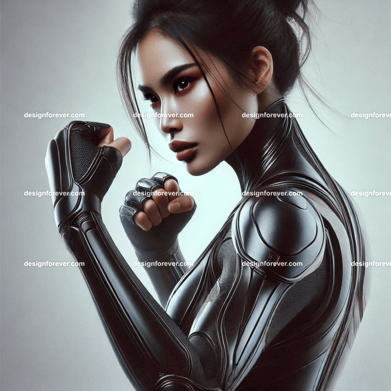 fierce woman in body suit armor punch attack