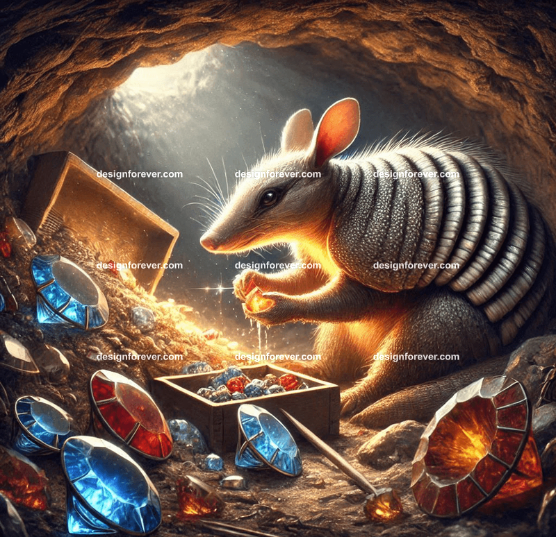 An armadillo meticulously crafting glowing gemstone jewelry in a cozy underground burrow