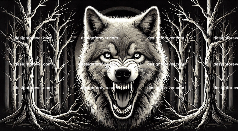 a wolf baring its teeth at you in creepy forest with dead trees