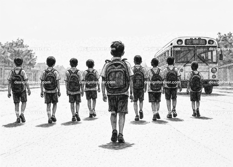 school kids with big backpacks walking home from school bus