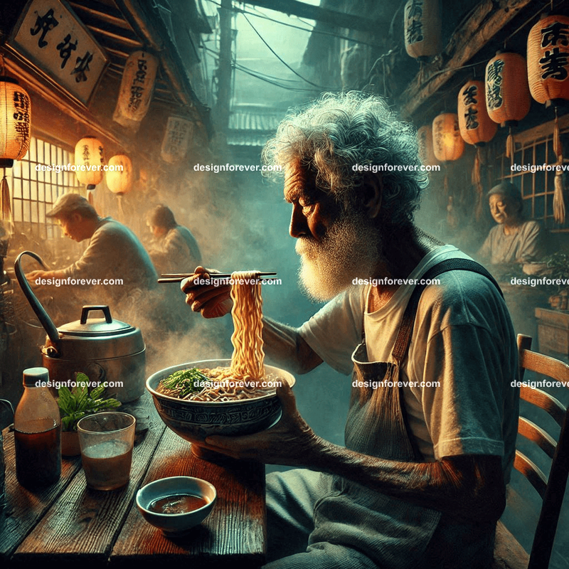 old fisherman eating ramen at shop near ocean village extreme contrast
