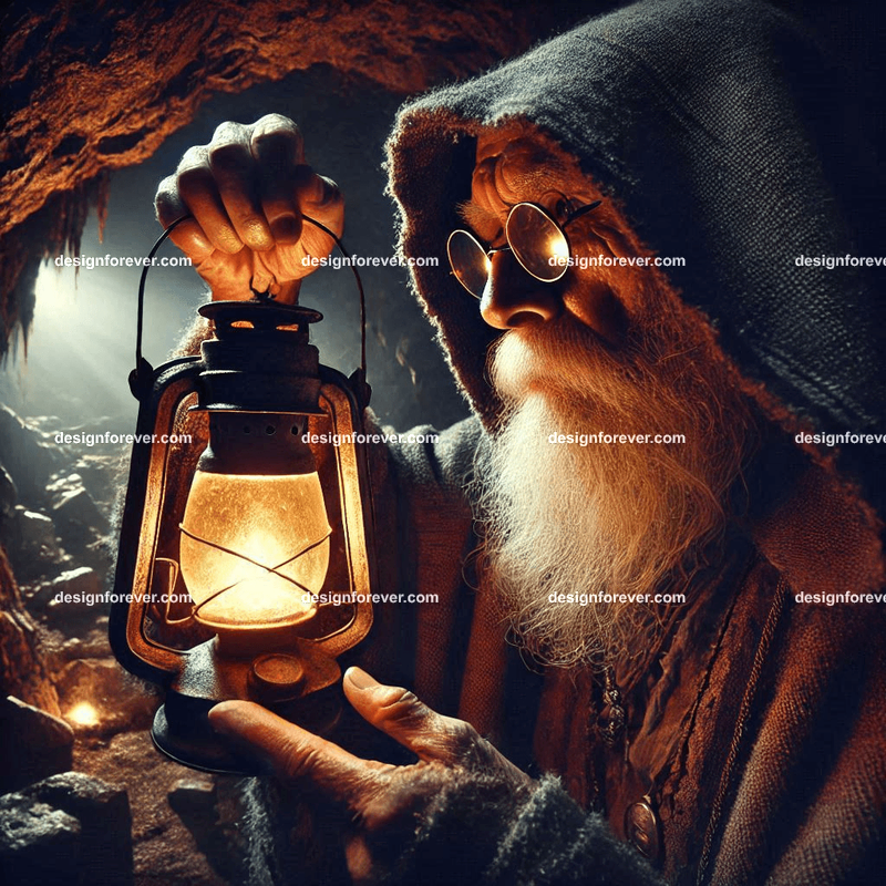 old man with lantern inside a dark cave mysterious scary lighting closeup face