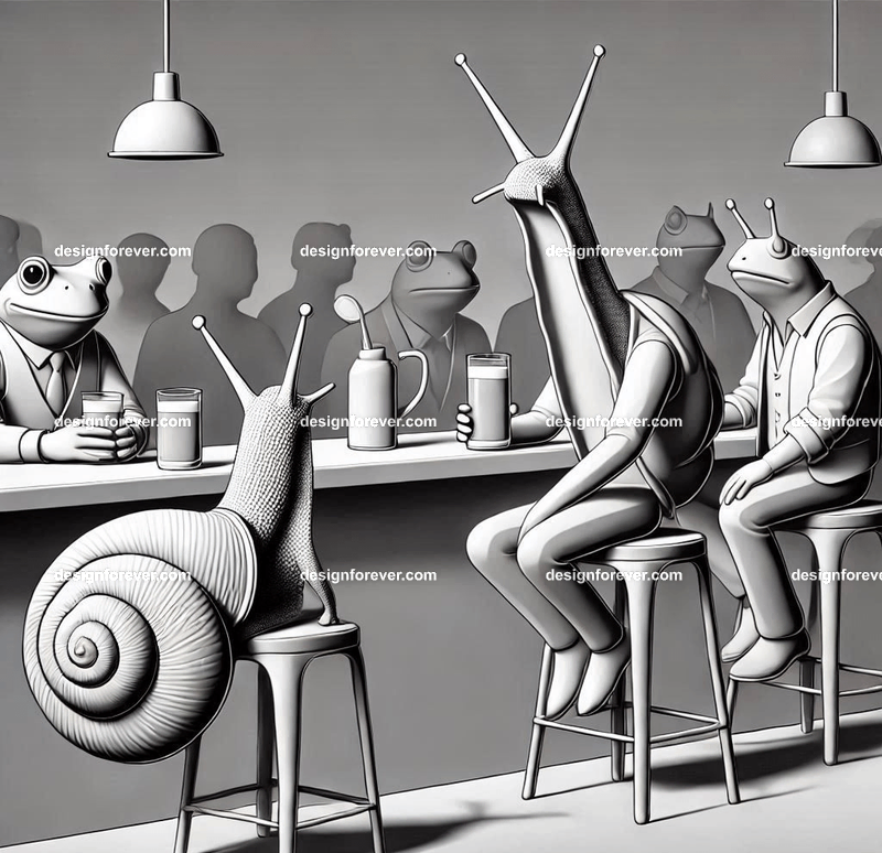 Anthropomorphs snails and frogs at bar