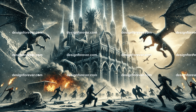 Storm dragons assaulting palace defended by mages in winter