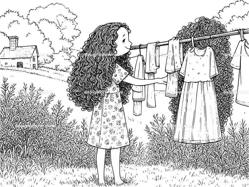 girl hanging clothes to dry in countryside