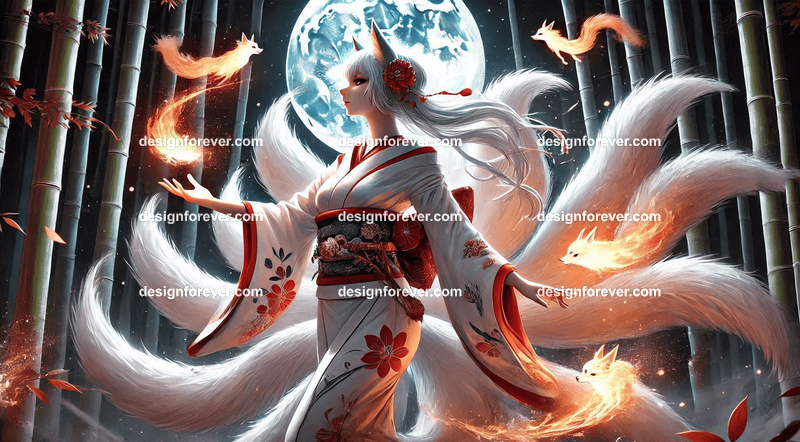 Kitsune in a silk kimono, with multiple tails glowing faintly, surrounded by mystical foxfire in moonlit forest bamboos