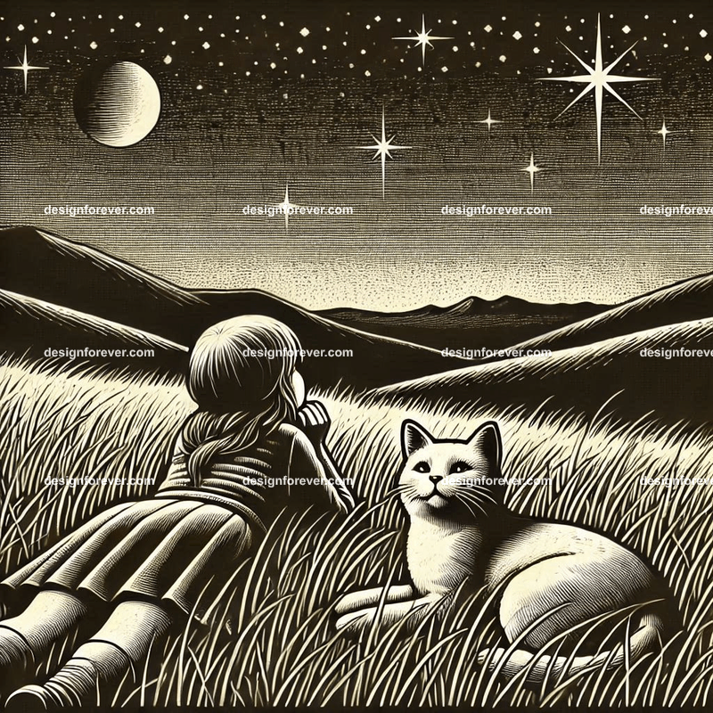 girl lying on hillside grass next to cat staring at stars