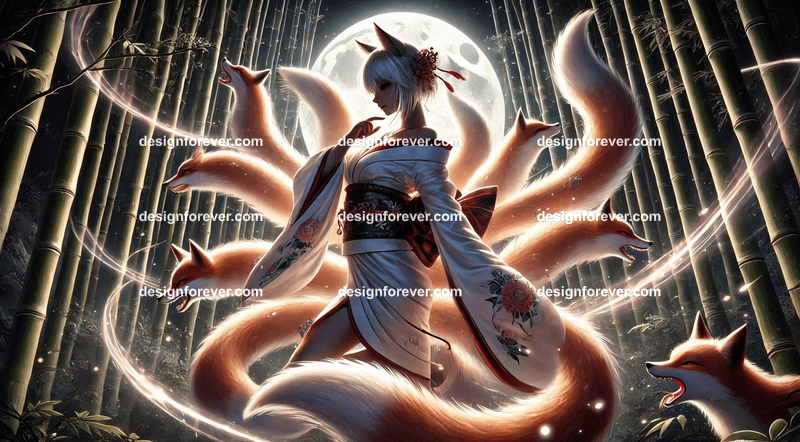 Kitsune in a silk kimono, with multiple tails glowing faintly, surrounded by mystical foxfire in moonlit forest bamboos