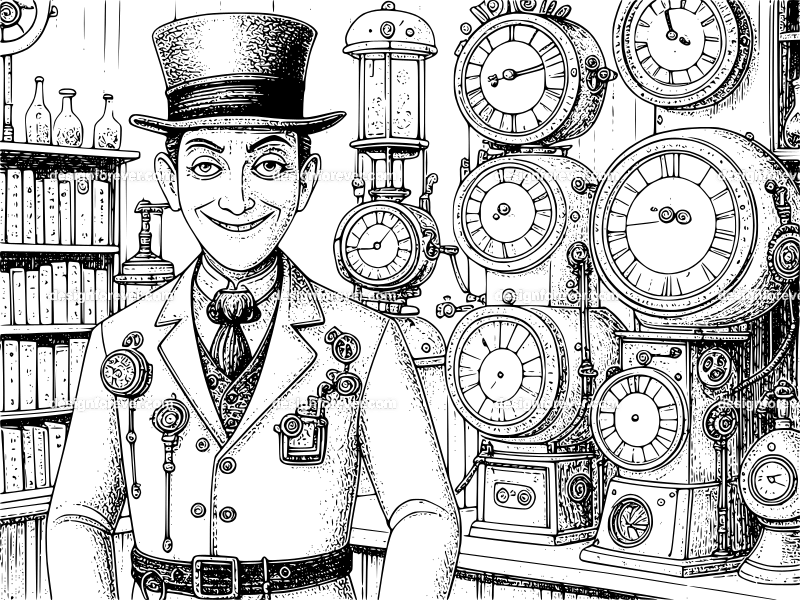 evil scientist with steampunk machine