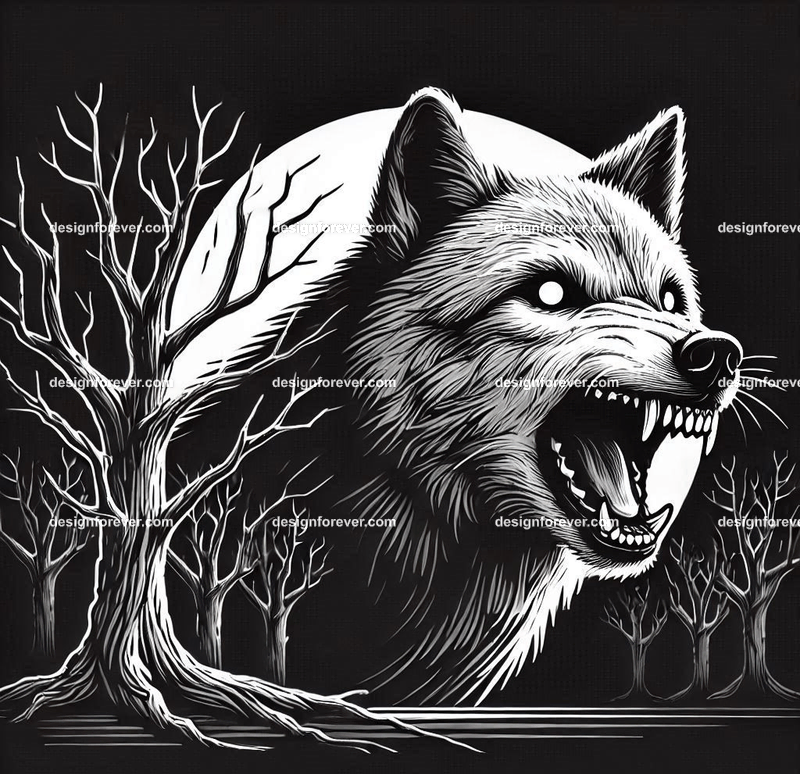 a wolf baring its teeth at you in creepy forest with dead trees