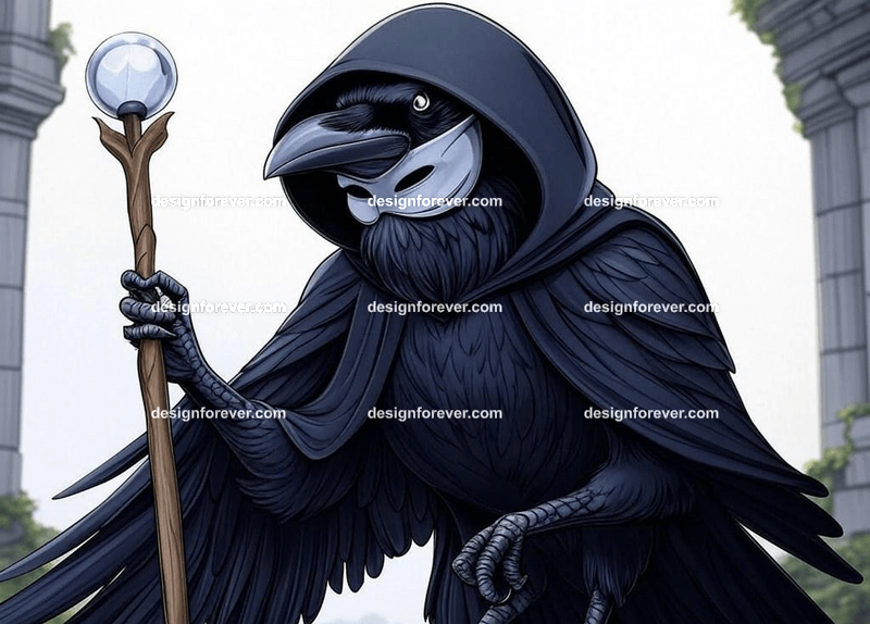 Mysterious raven in a dark hooded cloak