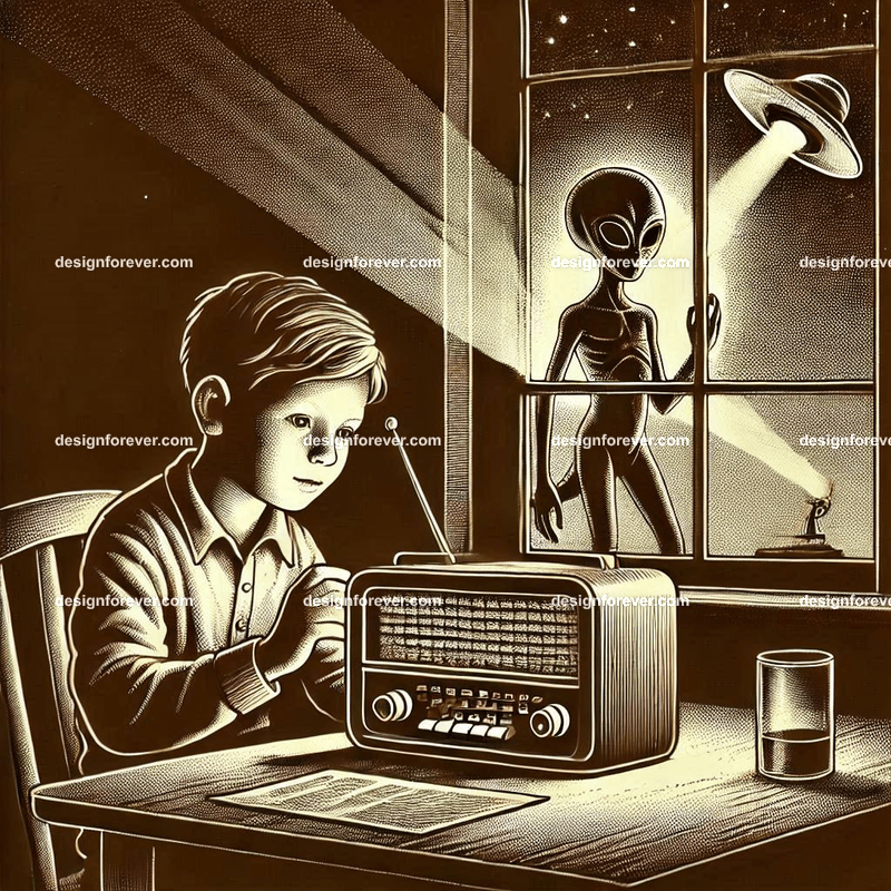 boy fiddling with radio in room with table light and alien outside window