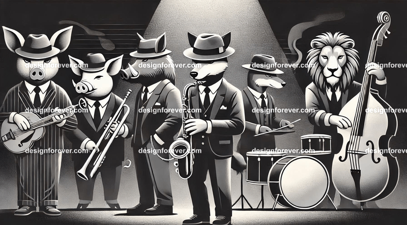 Anthropomorphs pigs and wolves and lions as 1920s jazz musicians with suits, fedoras, and instruments in dark smoky room